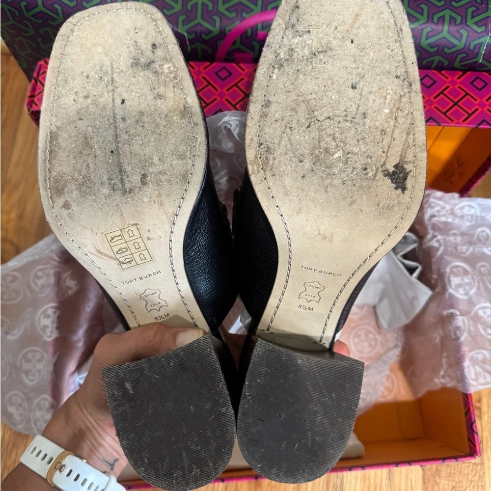 Tory Burch Black Leather Slip-On Mules with Gold-Tone Logo Hardware